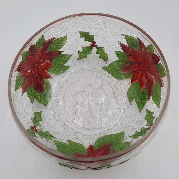 Celebration Pointsettia Mouthblown, Hand Painted, Cracked Glass 9" Salad Bowl - Picture 10 of 13